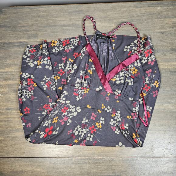 Y2K The Limited Floral Sundress Grey Raspberry Pink Satin Detail V Neck Size Sm - Picture 1 of 6